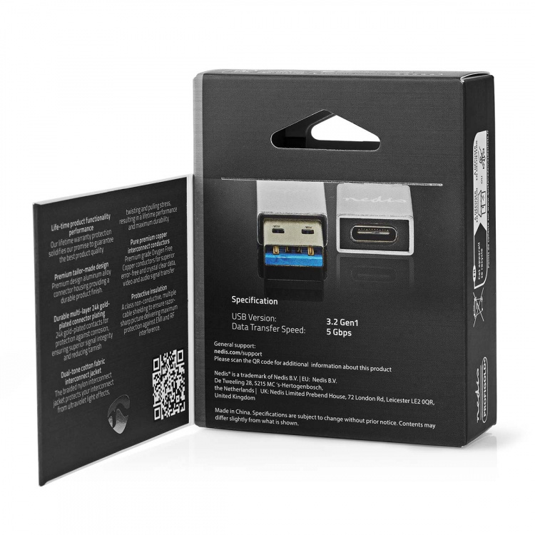 Nedis USB-A Adapter | USB 3.2 Gen 1 | USB-A Han | USB-C™ Hun | 5 Gbps | Runde | Nikkelplateret | Sølv | Cover Window Box