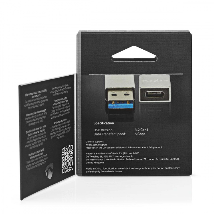 Nedis USB-A Adapter | USB 3.2 Gen 1 | USB-A Han | USB-C™ Hun | 5 Gbps | Runde | Nikkelplateret | Sølv | Cover Window Box