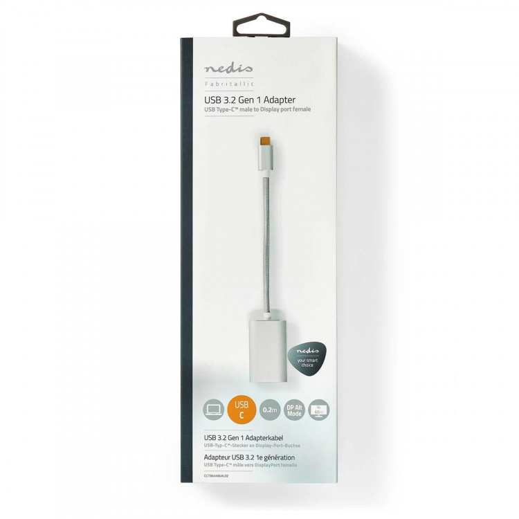 Nedis USB-C™ Adapter | USB 3.2 Gen 1 | USB-C™ Han | DisplayPort Hun / USB-C™ Hun | 4K@60Hz | Power delivery | 0.20 m | Runde | Guldplateret | Flettet / Nylon | Sølv | Cover Window Box