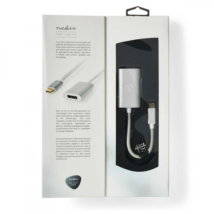 Nedis USB-C™ Adapter | USB 3.2 Gen 1 | USB-C™ Han | DisplayPort Hun / USB-C™ Hun | 4K@60Hz | Power delivery | 0.20 m | Runde | Guldplateret | Flettet / Nylon | Sølv | Cover Window Box