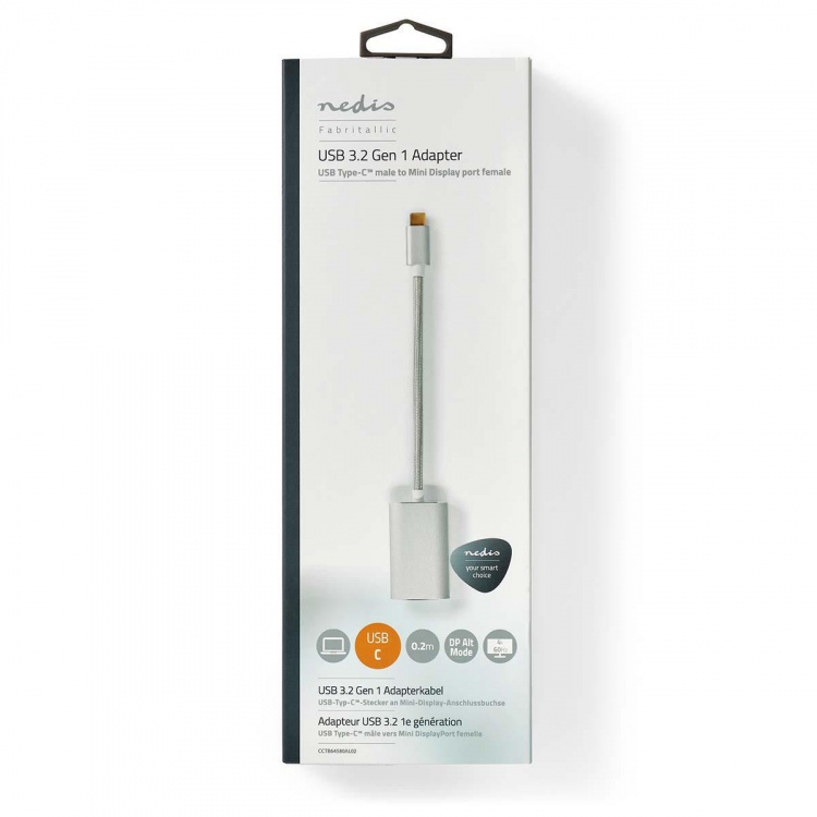 Nedis USB-C™ Adapter | USB 3.2 Gen 1 | USB-C™ Han | Mini DisplayPort Hunstik | Power delivery | 0.20 m | Runde | Guldplateret | Flettet / Nylon | Sølv | Cover Window Box