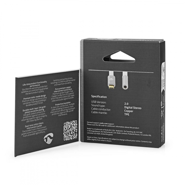 Nedis USB-C™ Adapter | USB 2.0 | USB-C™ Han | 3.5 mm Hunstik | 0.08 m | Runde | Guldplateret | Flettet / Nylon | Hvid / Sølv | Cover Window Box Nedis USB-C™ Adapter | USB 2.0 | USB-C™ Han | 3.5 mm Hunstik | 0.08 m | Runde | Guldplateret | Flettet / Nylon | Hvid / Sølv | Cover Window Box