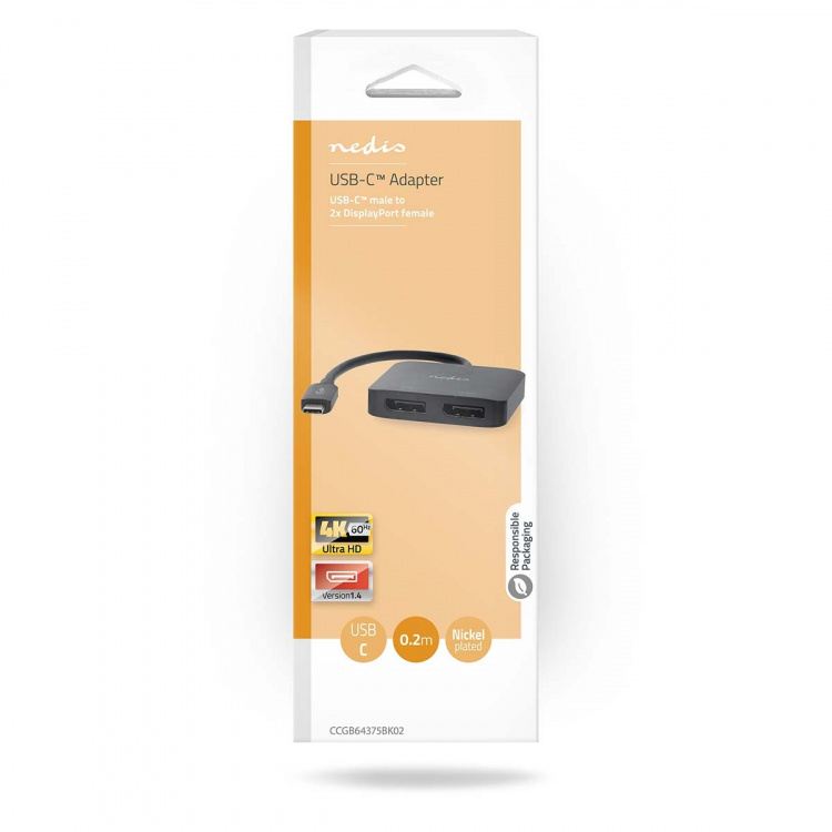 Nedis USB-C™ Adapter | USB 3.2 Gen 1 | USB-C™ Han | 2x Displayport Female | 4K@60Hz | 0.20 m | Runde | Nikkelplateret | PVC | Sort | Box