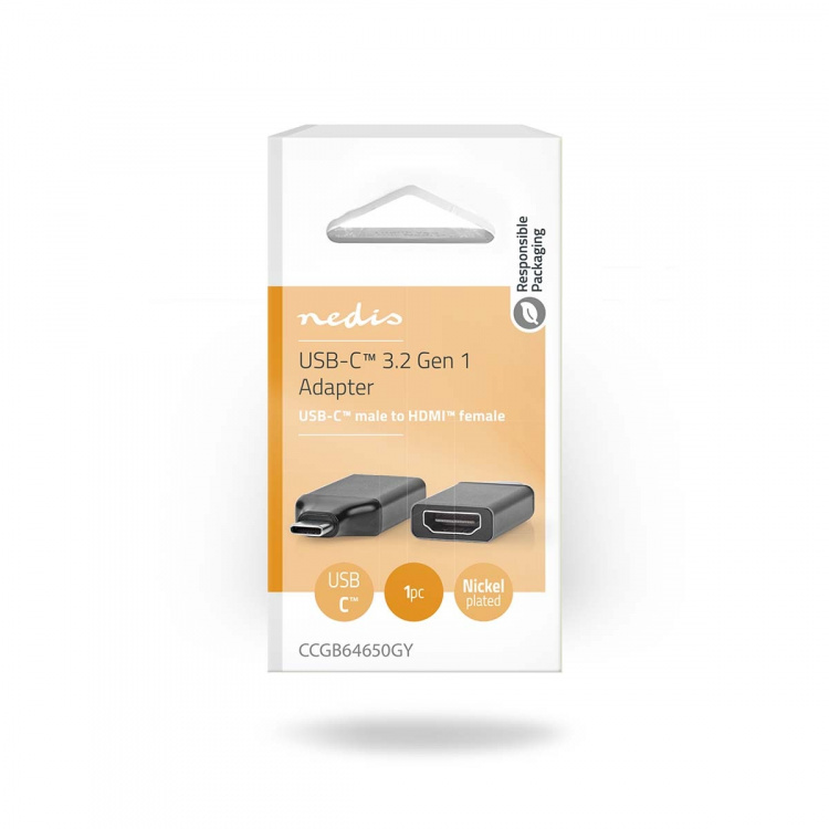Nedis USB-C™ Adapter | USB 3.2 Gen 1 | USB-C™ Han | HDMI ™ -udgang | 4K@60Hz | Runde | Nikkelplateret | Grå / Sort | Box