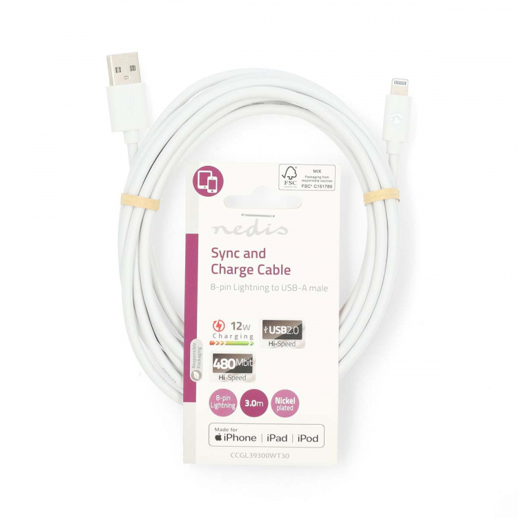 Nedis Lightning Kabel | USB 2.0 | Apple Lightning 8-pin | USB-A Han | 480 Mbps | Nikkelplateret | 3.00 m | Runde | PVC | Hvid | Label