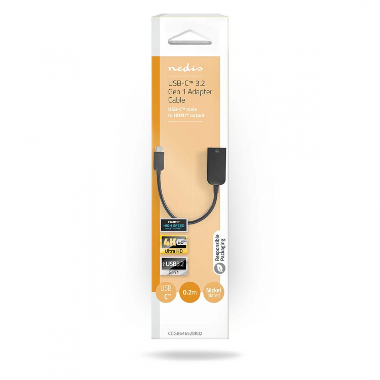 Nedis USB-C™ Adapter | USB 3.2 Gen 1 | USB-C™ Han | HDMI ™ -udgang | 4K@60Hz | 0.20 m | Runde | Nikkelplateret | PVC | Sort | Box