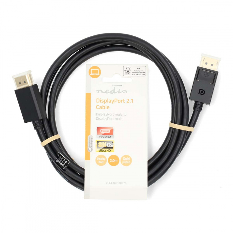 Nedis Displayport kabel | DisplayPort Han | DisplayPort Han | 8K@60Hz | Guldplateret | 2.00 m | Runde | PVC | Sort | Label