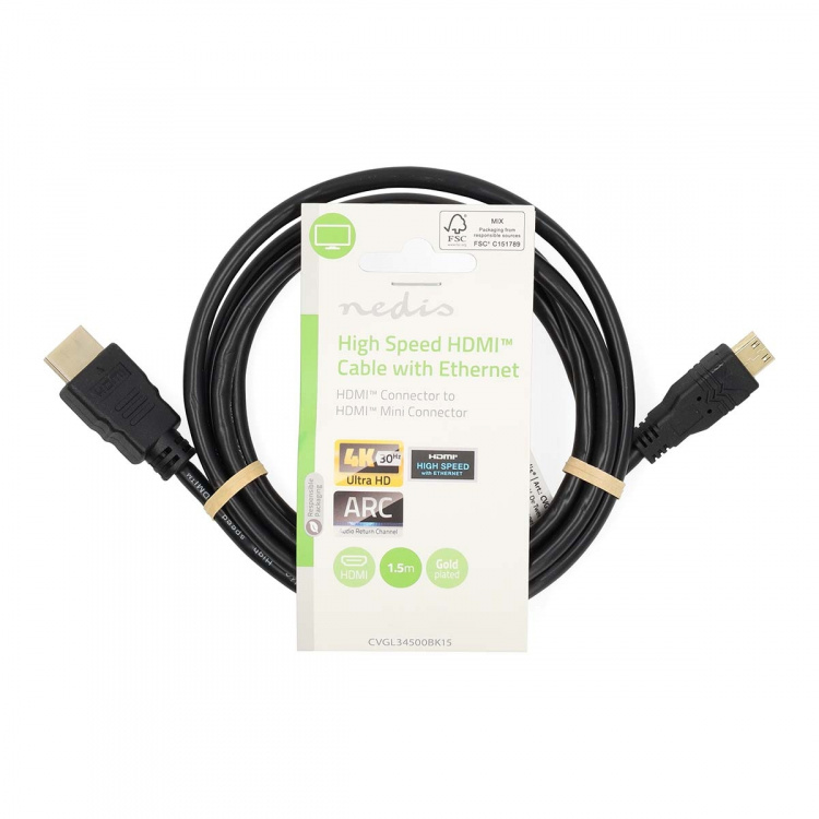 Nedis High Speed ​​HDMI ™ kabel med Ethernet | HDMI™ Stik | HDMI™ Mini-stik | 4K@30Hz | 10.2 Gbps | 1.50 m | Runde | PVC | Sort | Label