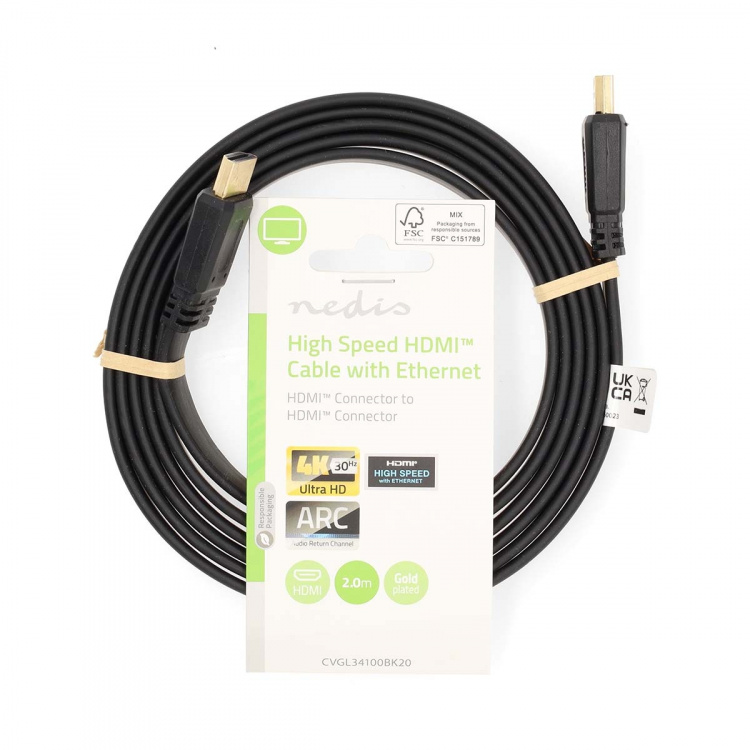 Nedis High Speed ​​HDMI ™ kabel med Ethernet | HDMI™ Stik | HDMI™ Stik | 4K@30Hz | 10.2 Gbps | 2.00 m | Fladt | PVC | Sort | Label