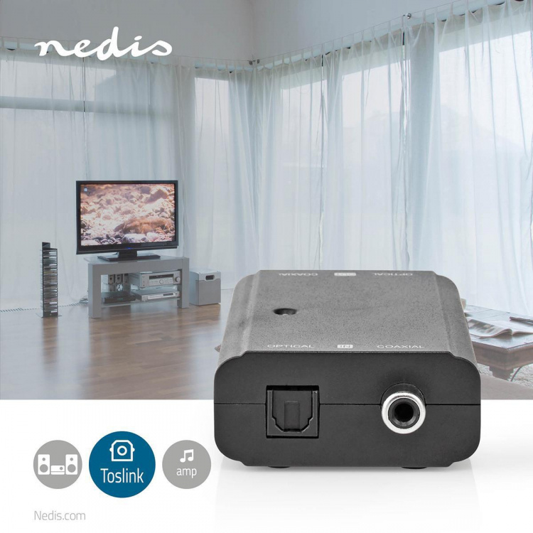 Nedis Digital Audio Converter | 1-veje | Indgang til lyd- / video- / dataforbindelser: 1x S/PDIF (RCA) Female / 1x Toslink Female | Audio / video / dataforbindelser output: 1x S/PDIF (RCA) Female / 1x TosLink Female | Manual | Sort
