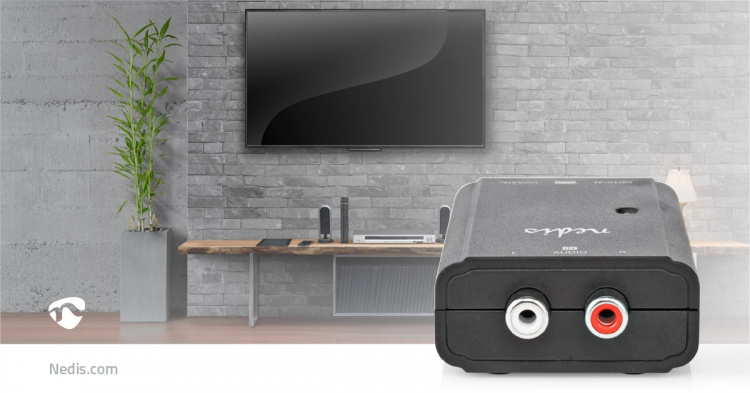 Nedis Digital Audio Converter | 1-vejs | Indgang til lyd- / video- / dataforbindelser: 2x RCA Male | Audio / video / dataforbindelser output: 1x S/PDIF (RCA) Female / 1x TosLink Female | Manual | Sort