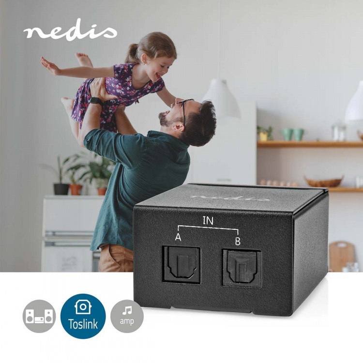 Nedis Digital Audio Switch | 1-veje | Indgang til lyd- / video- / dataforbindelser: DC Power / 2x TosLink | Audio / video / dataforbindelser output: TosLink Female | Manual / Switch | Metal | Sort