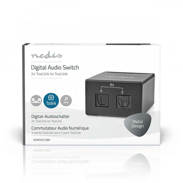 Nedis Digital Audio Switch | 1-veje | Indgang til lyd- / video- / dataforbindelser: DC Power / 2x TosLink | Audio / video / dataforbindelser output: TosLink Female | Manual / Switch | Metal | Sort