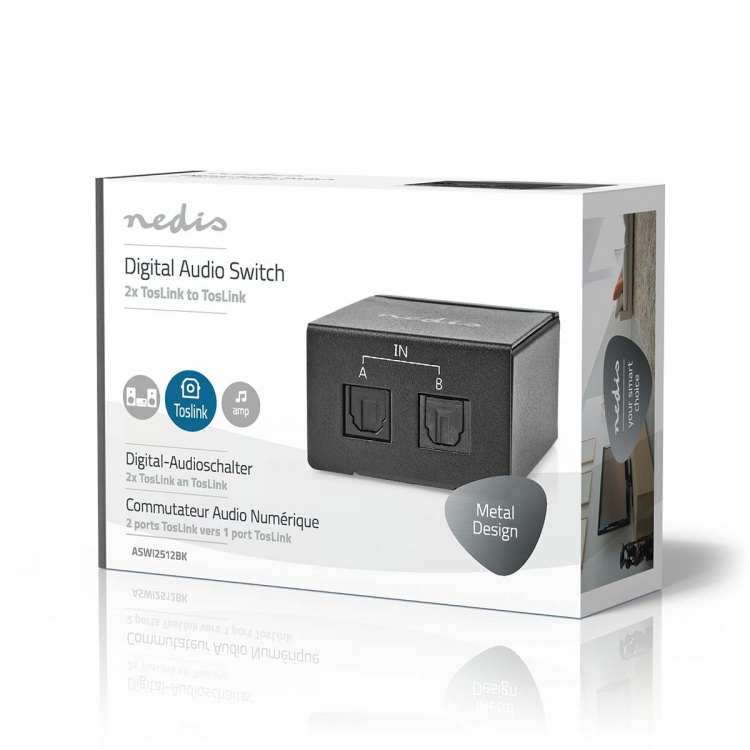 Nedis Digital Audio Switch | 1-veje | Indgang til lyd- / video- / dataforbindelser: DC Power / 2x TosLink | Audio / video / dataforbindelser output: TosLink Female | Manual / Switch | Metal | Sort