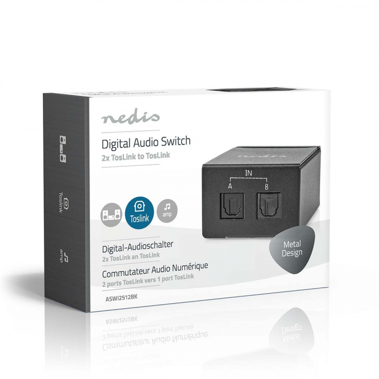 Nedis Digital Audio Switch | 1-veje | Indgang til lyd- / video- / dataforbindelser: DC Power / 2x TosLink | Audio / video / dataforbindelser output: TosLink Female | Manual / Switch | Metal | Sort