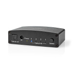 Nedis Digital Audio Switch | 4-vejs | Indgang til lyd- / video- / dataforbindelser: DC Power / 4x TosLink | Audio / video / dataforbindelser output: TosLink Female | Fjernbetjening / Manual / Trykknap | Metal | Sort