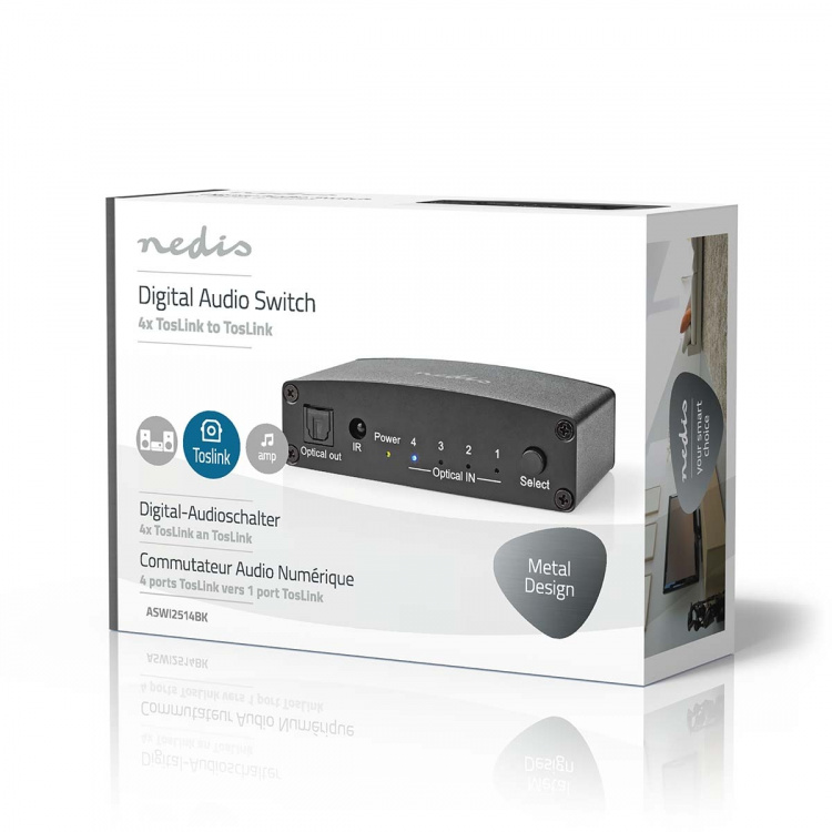 Nedis Digital Audio Switch | 4-vejs | Indgang til lyd- / video- / dataforbindelser: DC Power / 4x TosLink | Audio / video / dataforbindelser output: TosLink Female | Fjernbetjening / Manual / Trykknap | Metal | Sort