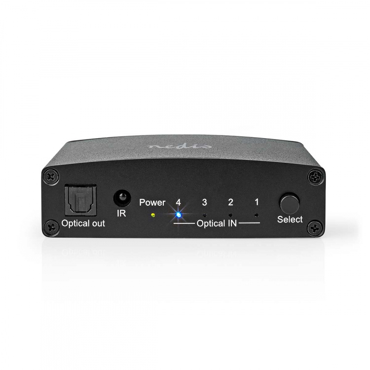 Nedis Digital Audio Switch | 4-vejs | Indgang til lyd- / video- / dataforbindelser: DC Power / 4x TosLink | Audio / video / dataforbindelser output: TosLink Female | Fjernbetjening / Manual / Trykknap | Metal | Sort