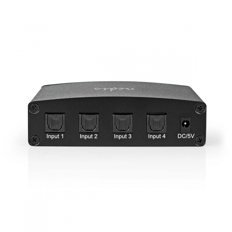 Nedis Digital Audio Switch | 4-vejs | Indgang til lyd- / video- / dataforbindelser: DC Power / 4x TosLink | Audio / video / dataforbindelser output: TosLink Female | Fjernbetjening / Manual / Trykknap | Metal | Sort