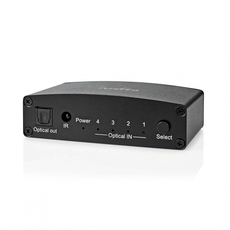 Nedis Digital Audio Switch | 4-vejs | Indgang til lyd- / video- / dataforbindelser: DC Power / 4x TosLink | Audio / video / dataforbindelser output: TosLink Female | Fjernbetjening / Manual / Trykknap | Metal | Sort