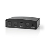 Nedis Digital Audio Switch | 4-vejs | Indgang til lyd- / video- / dataforbindelser: DC Power / 4x TosLink | Audio / video / dataforbindelser output: TosLink Female | Fjernbetjening / Manual / Trykknap | Metal | Sort