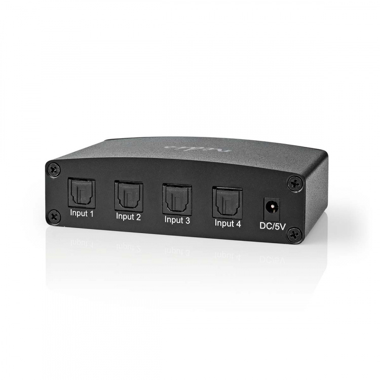 Nedis Digital Audio Switch | 4-vejs | Indgang til lyd- / video- / dataforbindelser: DC Power / 4x TosLink | Audio / video / dataforbindelser output: TosLink Female | Fjernbetjening / Manual / Trykknap | Metal | Sort