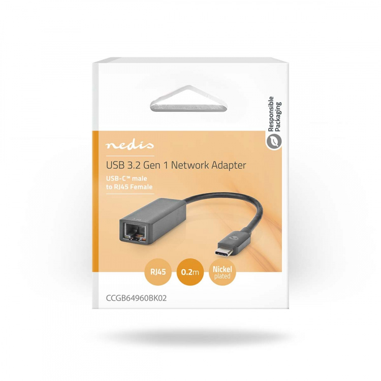 Nedis USB-netværksadapter | USB 3.2 Gen 1 | 2.5 Gbps | USB-C™ Han | RJ45 Hun | 0.20 m | Runde | Nikkelplateret | Tinkobber | Sort | Box