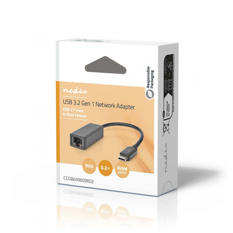 Nedis USB-netværksadapter | USB 3.2 Gen 1 | 2.5 Gbps | USB-C™ Han | RJ45 Hun | 0.20 m | Runde | Nikkelplateret | Tinkobber | Sort | Box
