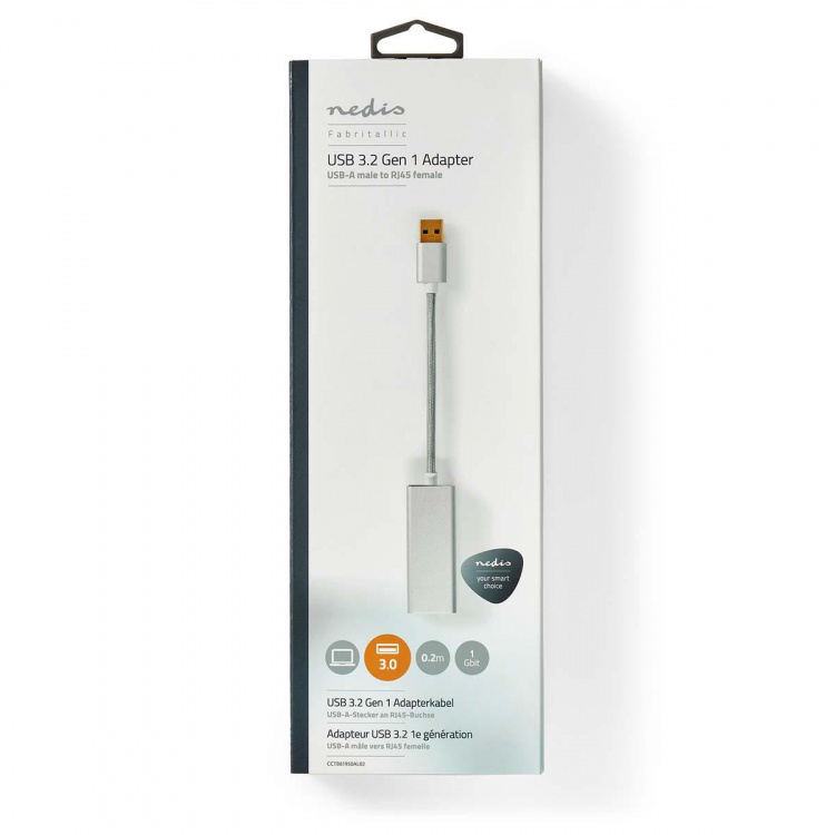 Nedis USB-netværksadapter | USB 3.2 Gen 1 | 1 Gbps | USB-A Han | RJ45 Hun | 0.20 m | Runde | Guldplateret | Kobber | Sølv | Cover Window Box Nedis USB-netværksadapter | USB 3.2 Gen 1 | 1 Gbps | USB-A Han | RJ45 Hun | 0.20 m | Runde | Guldplateret | Kobber | Sølv | Cover Window Box