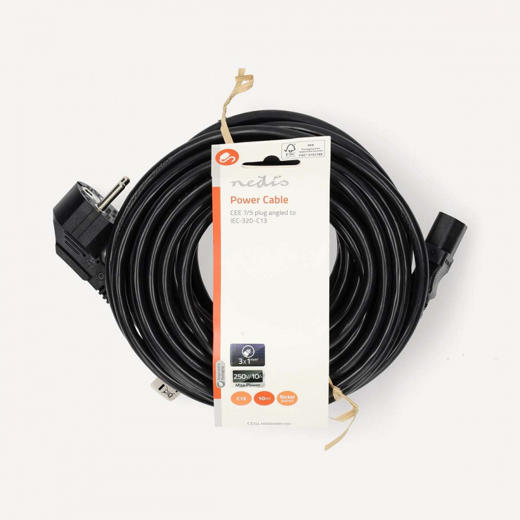 Nedis Strømkabel | Stikprop med sidebens jord – Han | IEC-320-C13 | Vinklet | Lige | Nikkelplateret | 10.0 m | Runde | PVC | Sort | Label