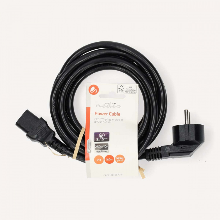 Nedis Strømkabel | Stikprop med sidebens jord – Han | IEC-320-C13 | Vinklet | Lige | Nikkelplateret | 3.00 m | Runde | PVC | Sort | Label
