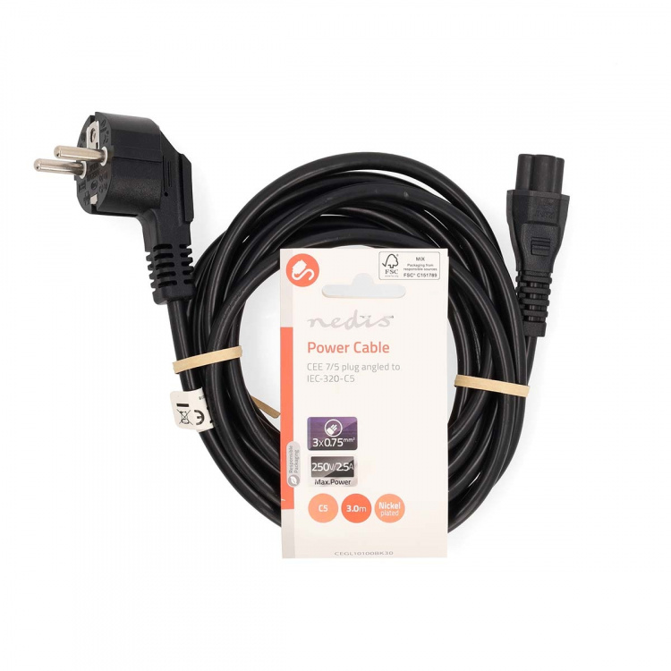 Nedis Strømkabel | Stikprop med sidebens jord – Han | IEC-320-C5 | Vinklet | Lige | Nikkelplateret | 3.00 m | Runde | PVC | Sort | Label