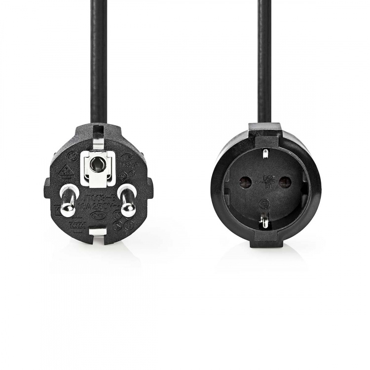 Nedis Strømkabel | Stikprop med sidebens jord – Han | Stikprop med sidebens jord – Hun | Lige | Lige | Nikkelplateret | 2.00 m | Runde | PVC | Sort | Label