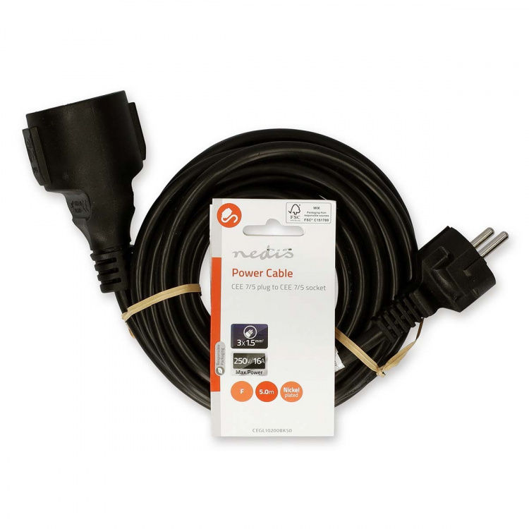 Nedis Strømkabel | Stikprop med sidebens jord – Han | Stikprop med sidebens jord – Hun | Lige | Lige | Nikkelplateret | 5.00 m | Runde | PVC | Sort | Label