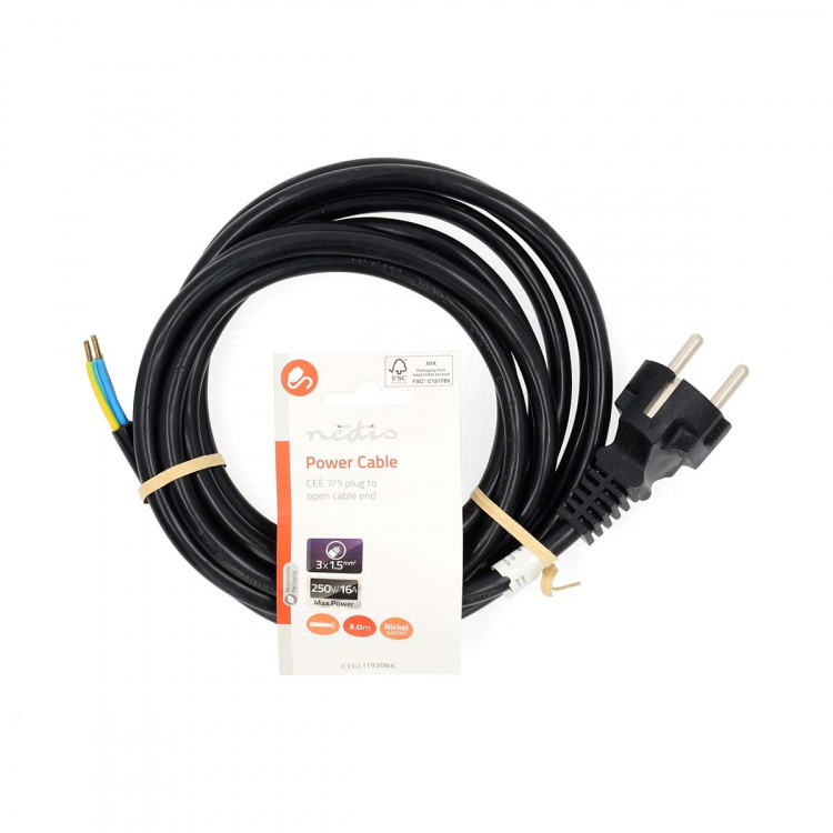 Nedis Strømkabel | Stikprop med sidebens jord – Han | Open | Lige | Lige | Nikkelplateret | 3.00 m | Runde | PVC | Sort | Label