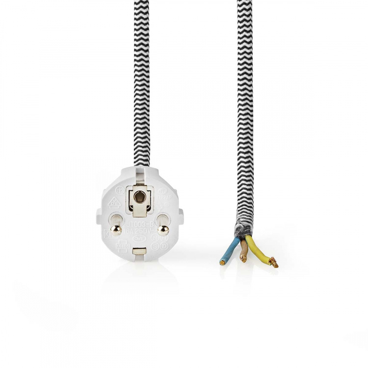 Nedis Strømkabel | Stikprop med sidebens jord – Han | Open | Lige | Lige | Nikkelplateret | 3.00 m | Runde | Bomuld | Hvid | Label