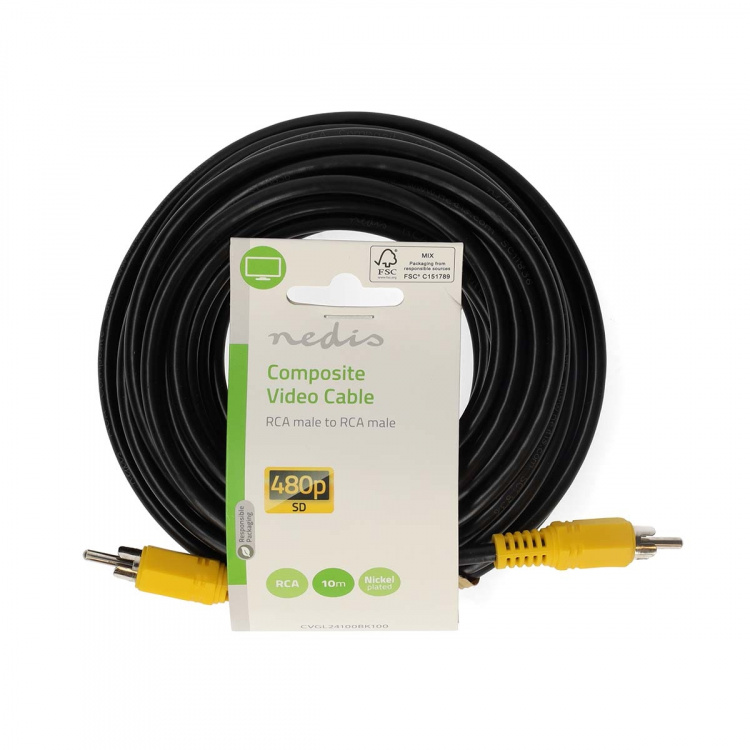 Nedis Composite Video kabel | RCA Hanstik | RCA Hanstik | Nikkelplateret | 480p | 10.0 m | Runde | PVC | Sort | Label