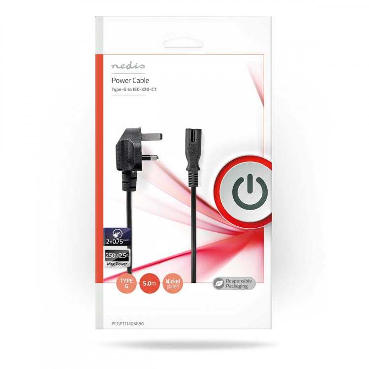 Nedis UK Strømkabel | UK Han | IEC-320-C7 | 5.00 m | Ja | 2 x 0.75 mm² | Kobber | Runde | Nikkelplateret | UK | PVC | Stik: UK / Type G | 250 V AC | 3 A | Sort