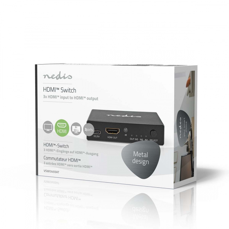 Nedis HDMI ™ switch | 3-Port port(s) | 3x HDMI™ Input | 1x HDMI™ Output | 8K@60Hz | 45 Gbps | Fjernstyret | Aluminium | Antracit
