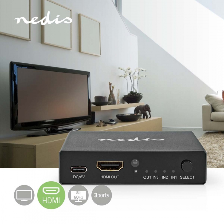 Nedis HDMI ™ switch | 3-Port port(s) | 3x HDMI™ Input | 1x HDMI™ Output | 8K@60Hz | 45 Gbps | Fjernstyret | Aluminium | Antracit