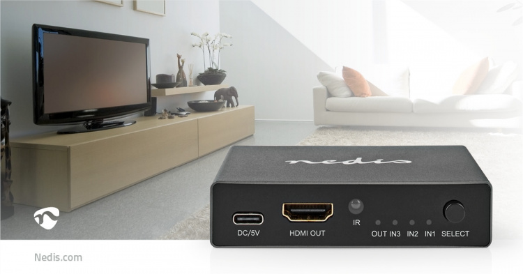 Nedis HDMI ™ switch | 3-Port port(s) | 3x HDMI™ Input | 1x HDMI™ Output | 8K@60Hz | 45 Gbps | Fjernstyret | Aluminium | Antracit
