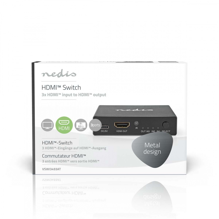 Nedis HDMI ™ switch | 3-Port port(s) | 3x HDMI™ Input | 1x HDMI™ Output | 8K@60Hz | 45 Gbps | Fjernstyret | Aluminium | Antracit