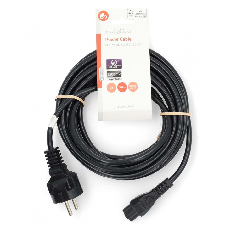 Nedis Strømkabel | Stikprop med sidebens jord – Han | IEC-320-C5 | Lige | Lige | Nikkelplateret | 5.00 m | Runde | PVC | Sort | Label