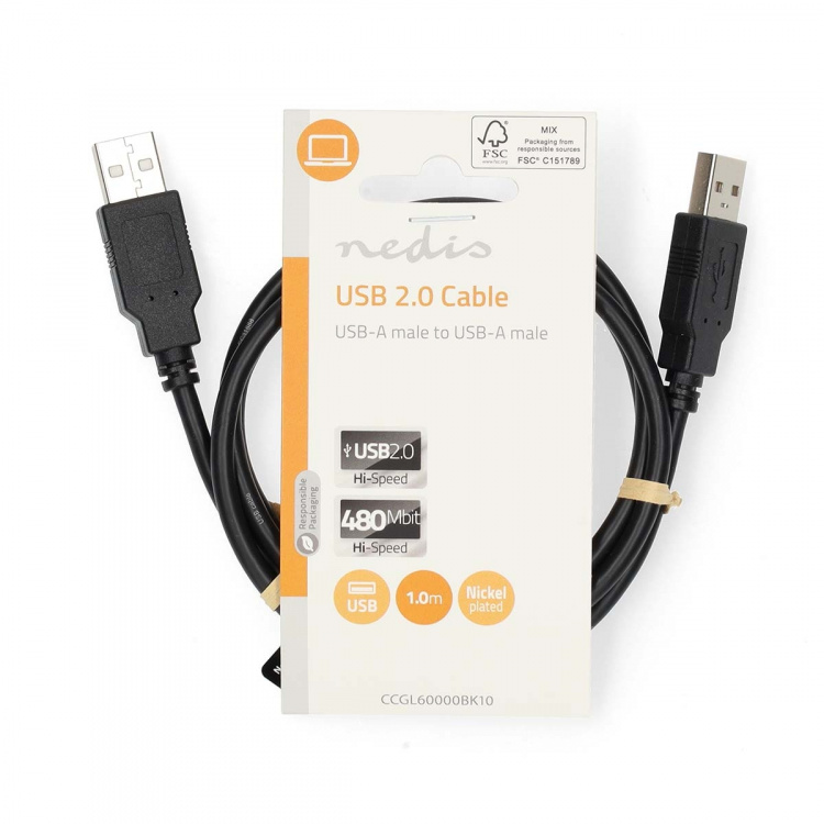 Nedis USB-kabel | USB 2.0 | USB-A Han | USB-A Han | 480 Mbps | Nikkelplateret | 1.00 m | Runde | PVC | Sort | Label