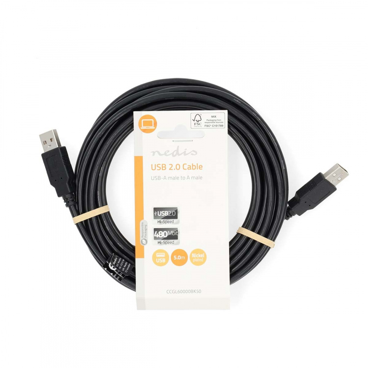 Nedis USB-kabel | USB 2.0 | USB-A Han | USB-A Han | 480 Mbps | Nikkelplateret | 5.00 m | Runde | PVC | Sort | Label