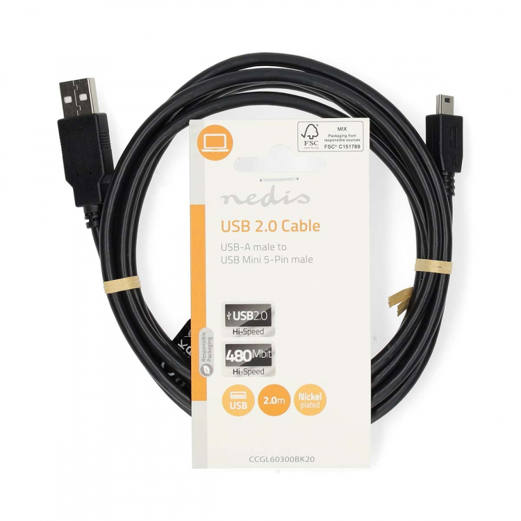 Nedis USB-kabel | USB 2.0 | USB-A Han | USB Mini-B 5-pins han | 480 Mbps | Nikkelplateret | 2.00 m | Runde | PVC | Sort | Label