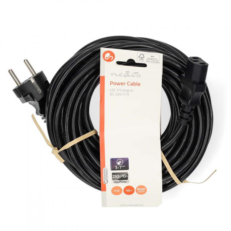 Nedis Strømkabel | Stikprop med sidebens jord – Han | IEC-320-C13 | Lige | Lige | Nikkelplateret | 10.0 m | Runde | PVC | Sort | Label