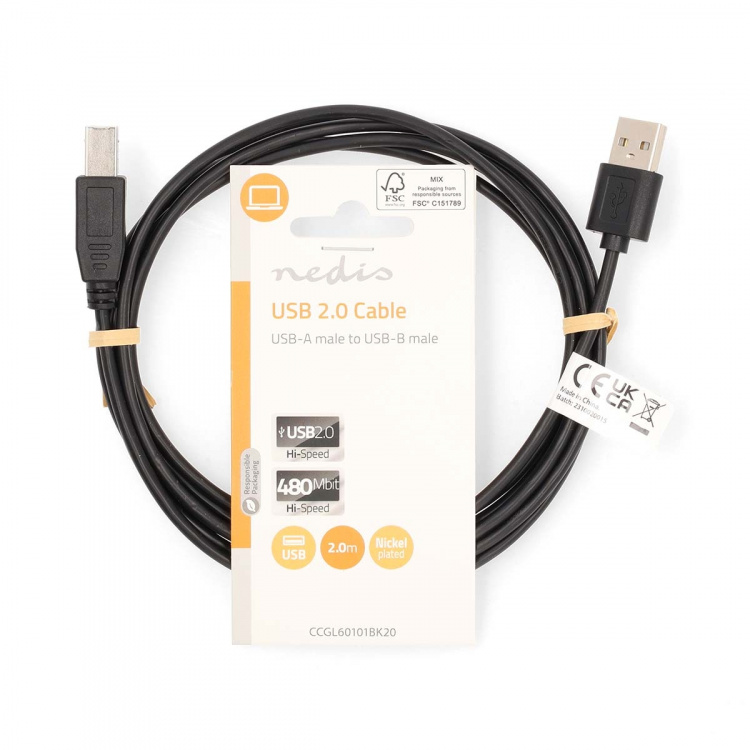 Nedis USB-kabel | USB 2.0 | USB-A Han | USB-B han | 480 Mbps | Nikkelplateret | 2.00 m | Runde | PVC | Sort | Label