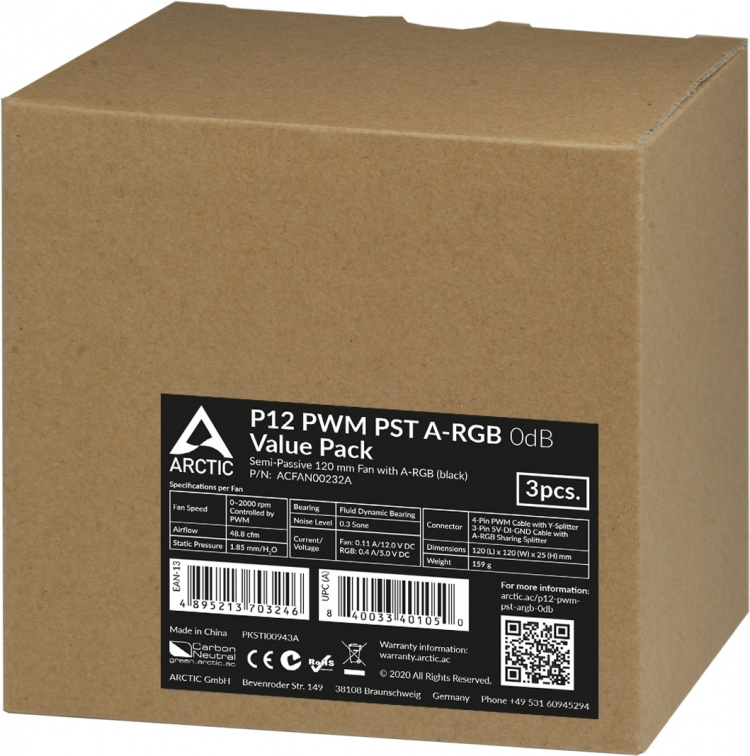 Arctic Cooling Arctic P12 PWM PST A-RGB 0dB Fan Pack, 120 mm, sort, 3-pak