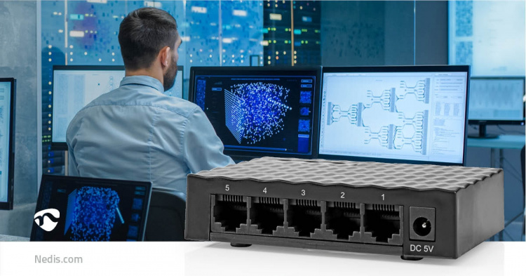 Nedis Netværk switch | Vind hastighed: Gigabit | Antal Ethernet-porte: 5